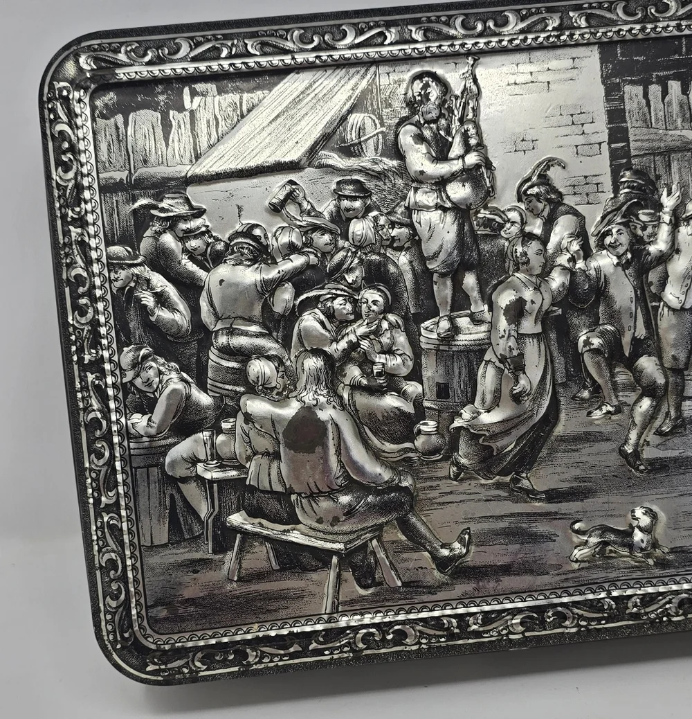 Vtg Teniers 3D tin box dancing socializing florentine biscuit‎ cookie box